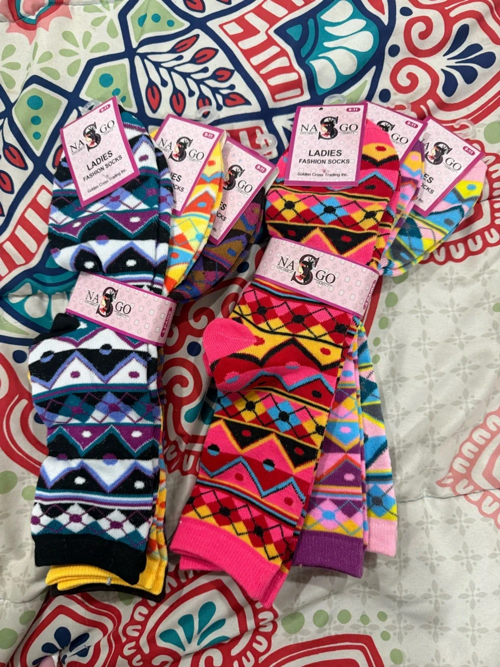 Ladies Fashion Socks - Bright Patterned Crew Socks (Pink, Purple, Black, Yellow)